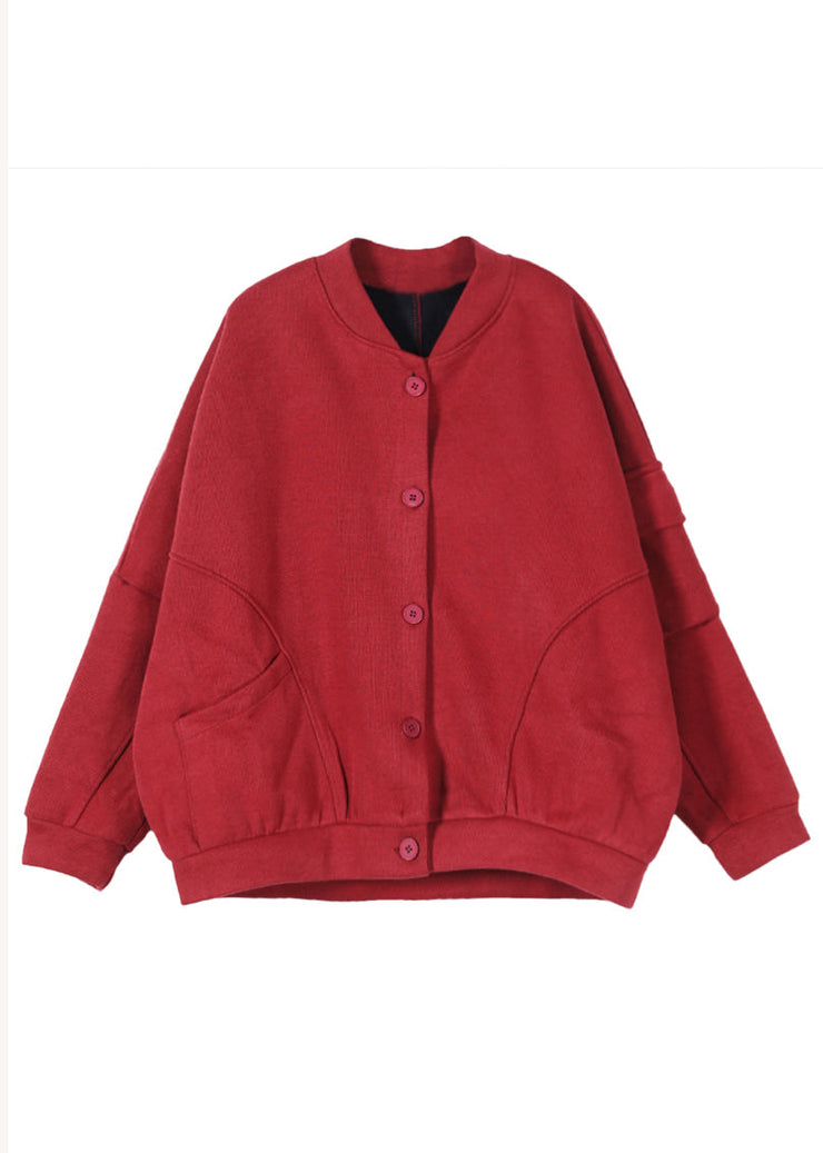 Casual Red Stand Collar Pockets Warm Fleece Jacket Winter