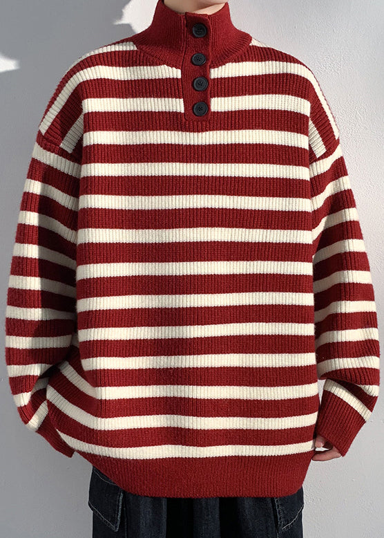 Casual Red Striped Button Knit Mens Sweaters Winter