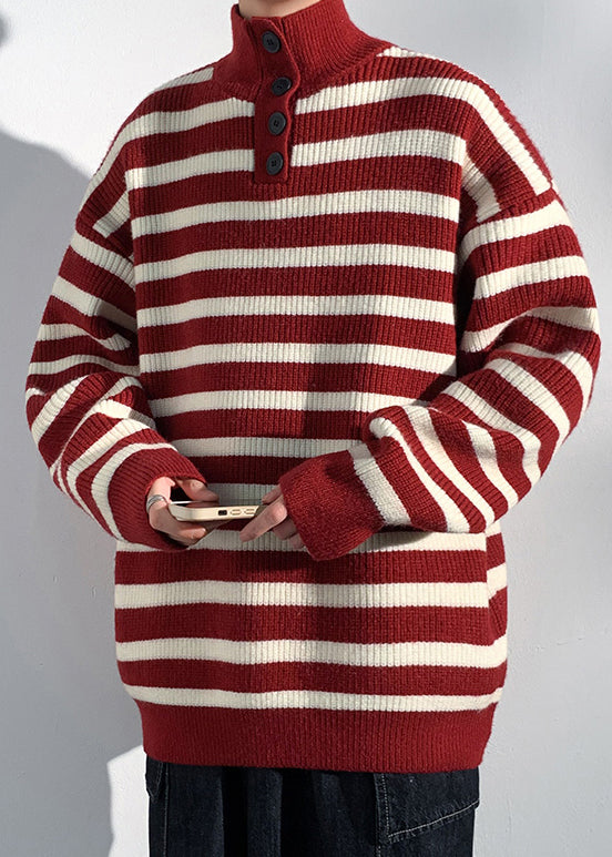 Casual Red Striped Button Knit Mens Sweaters Winter