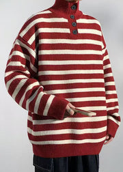 Casual Red Striped Button Knit Mens Sweaters Winter