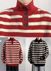 Casual Red Striped Button Knit Mens Sweaters Winter