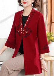 Casual Red V Neck Print Cotton Knit Cardigan Spring