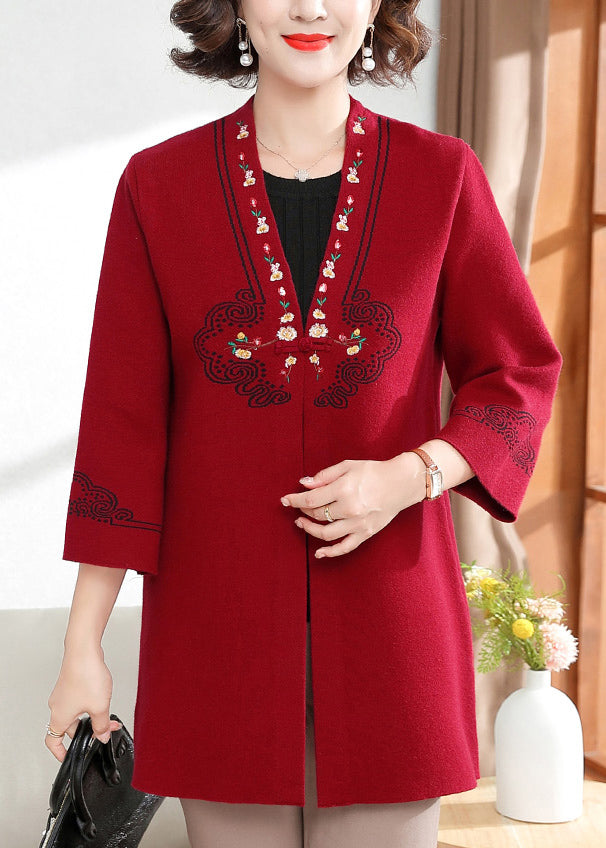 Casual Red V Neck Print Cotton Knit Cardigan Spring