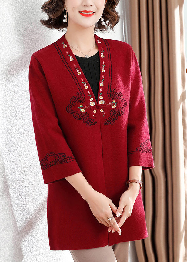 Casual Red V Neck Print Cotton Knit Cardigan Spring