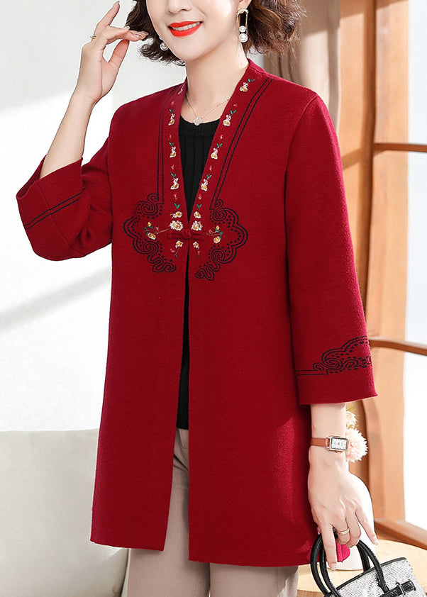 Casual Red V Neck Print Cotton Knit Cardigan Spring