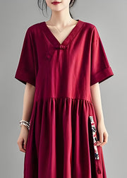 Casual Red V Neck Print Patchwork Cotton Dresses Summer