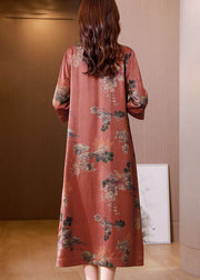 Casual Red V Neck Print Side Open Silk Long Dress Half Sleeve