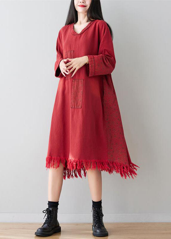 Casual Red V Neck Tassel Cotton Loose Dress Spring