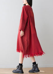 Casual Red V Neck Tassel Cotton Loose Dress Spring