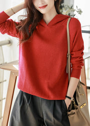 Casual Red Woolen Hooded Pullover Sweatshirt Long Sleeve