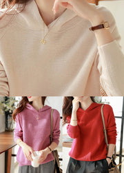 Casual Red Woolen Hooded Pullover Sweatshirt Long Sleeve