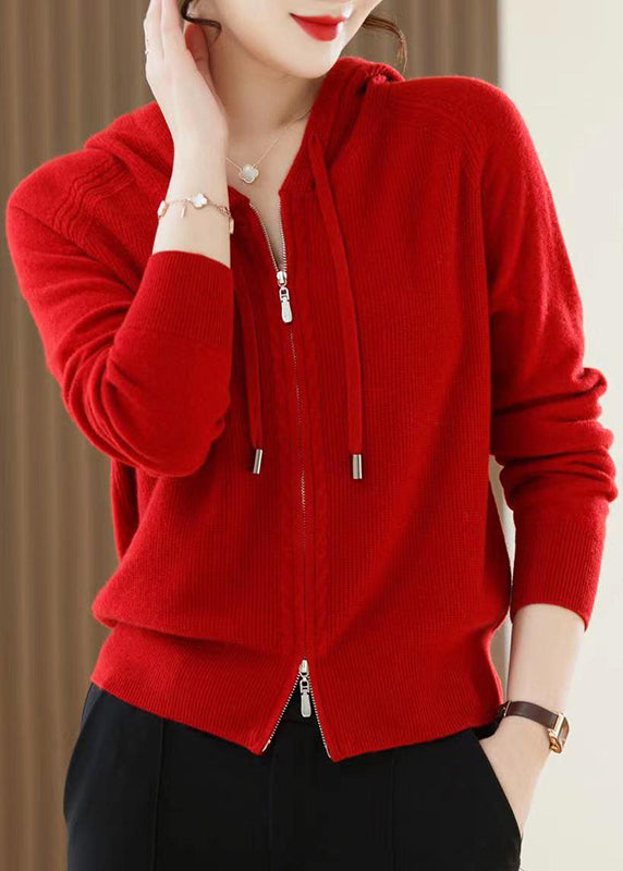 Casual Red Zip Up Wool Knit Hooded Cardigans Spring