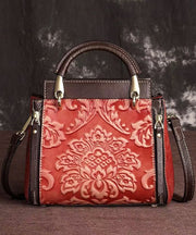 Casual Retro Red Embossed Calf Leather Tote Handbag