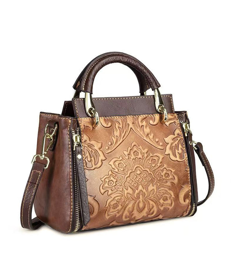 Casual Retro Red Embossed Calf Leather Tote Handbag