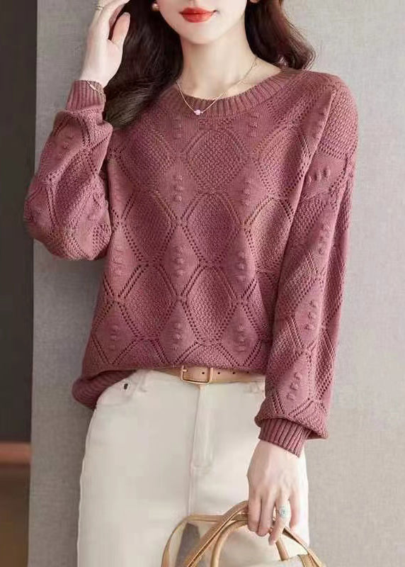 Casual Rose O-Neck Hollow Out Cotton Knitted Sweaters Fall