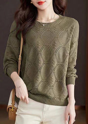 Casual Rose O-Neck Hollow Out Cotton Knitted Sweaters Spring