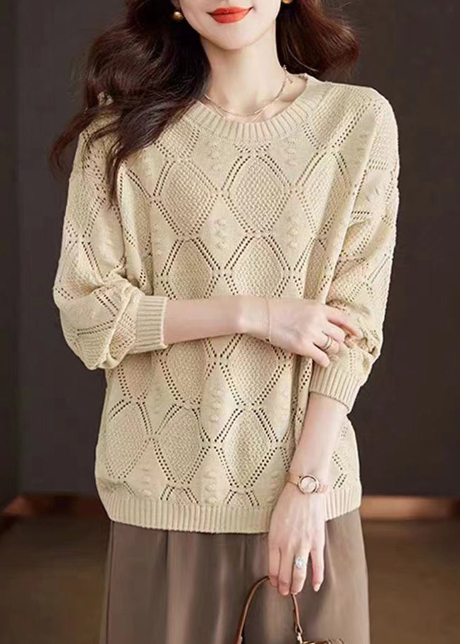 Casual Rose O-Neck Hollow Out Cotton Knitted Sweaters Spring