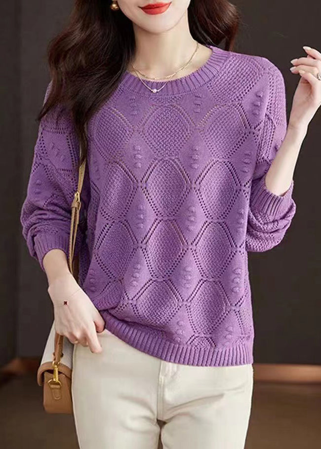 Casual Rose O-Neck Hollow Out Cotton Knitted Sweaters Spring