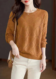 Casual Rose O-Neck Hollow Out Cotton Knitted Sweaters Fall