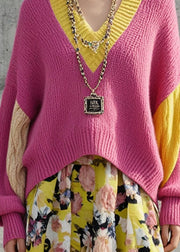 Casual Rose Oversized Patchwork Warm Knit Sweaters Fall