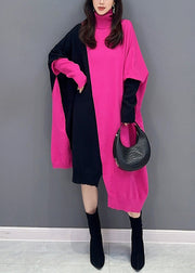 Casual Rose Turtleneck Asymmetrical Patchwork Cotton Knit Long Dress Fall