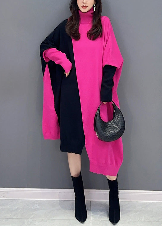 Casual Rose Turtleneck Asymmetrical Patchwork Cotton Knit Long Dress Fall