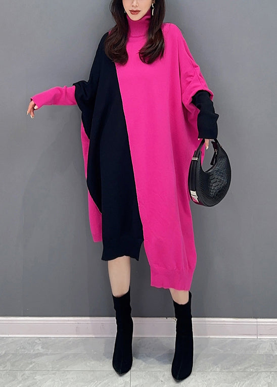 Casual Rose Turtleneck Asymmetrical Patchwork Cotton Knit Long Dress Fall