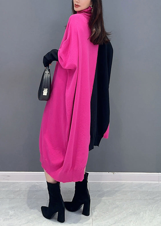 Casual Rose Turtleneck Asymmetrical Patchwork Cotton Knit Long Dress Fall