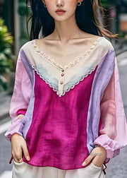 Casual Rose V Neck Hollow Out Patchwork Top Long Sleeve