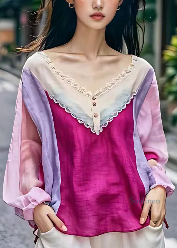 Casual Rose V Neck Hollow Out Patchwork Top Long Sleeve