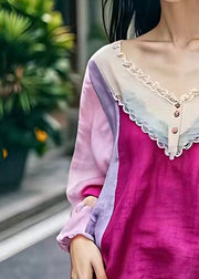 Casual Rose V Neck Hollow Out Patchwork Top Long Sleeve