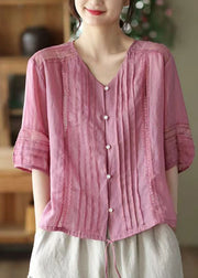 Casual Rose V Neck Wrinkled Patchwork Linen Shirt Top Summer