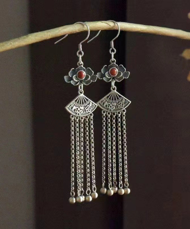 Casual Silk Sterling Silver Agate Floral Tassel Drop Earrings