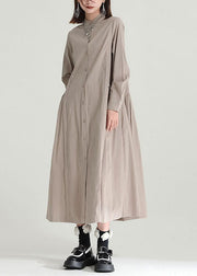 Casual Solid Color Stand Collar Patchwork Linen Long Dress Fall