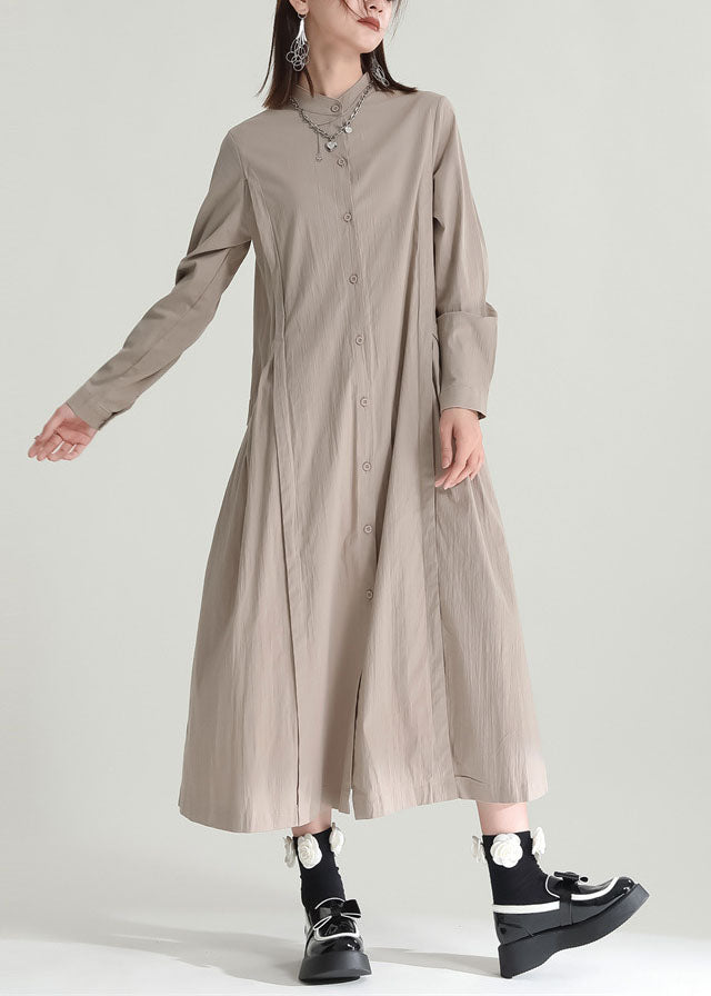 Casual Solid Color Stand Collar Patchwork Linen Long Dress Fall