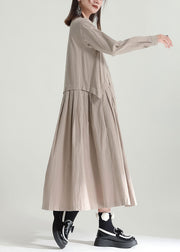 Casual Solid Color Stand Collar Patchwork Linen Long Dress Fall