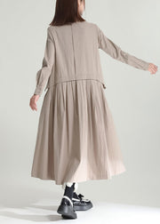 Casual Solid Color Stand Collar Patchwork Linen Long Dress Fall