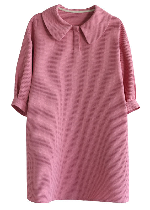 Casual Solid Pink Peter Pan Collar Plaid Cotton A Line Dresses Bracelet Sleeve