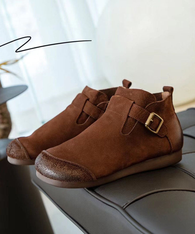 Casual Splicing Brown Ankle Boots Buckle Strap Boots