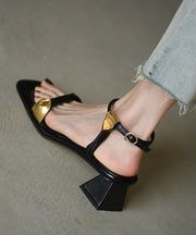 Casual Splicing Chunky Sandals Black Cowhide Leather