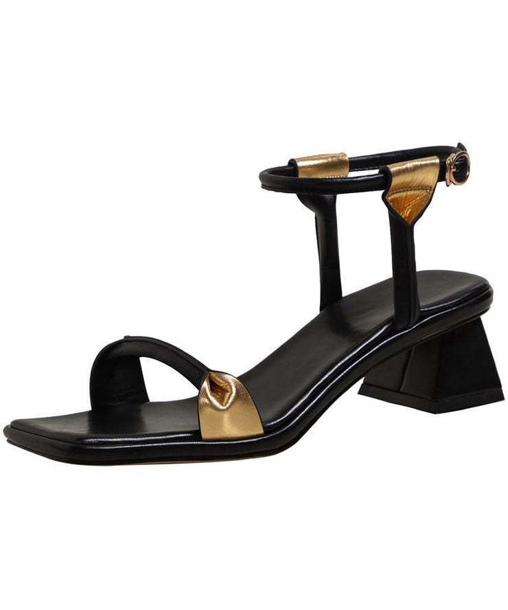 Casual Splicing Chunky Sandals Black Cowhide Leather