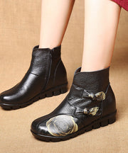 Casual Splicing Flats Ankle Boots Black Cowhide Leather