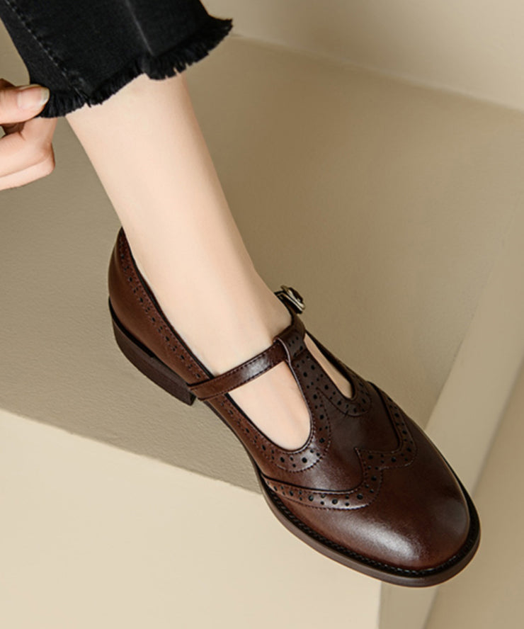 Casual Splicing Loafers For Women Brown Cowhide Leather