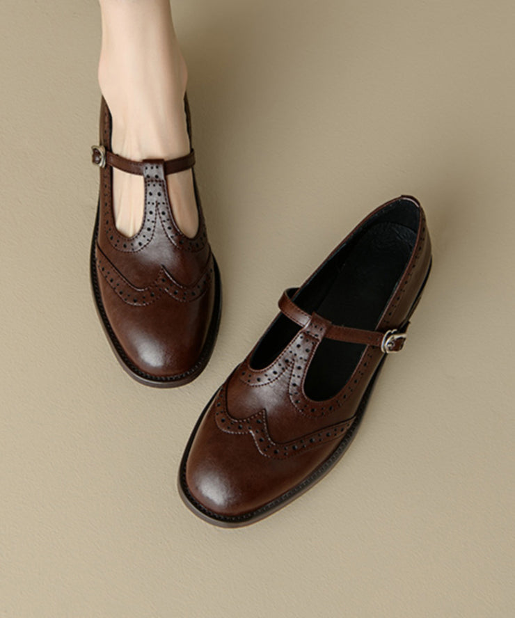 Casual Splicing Loafers For Women Brown Cowhide Leather