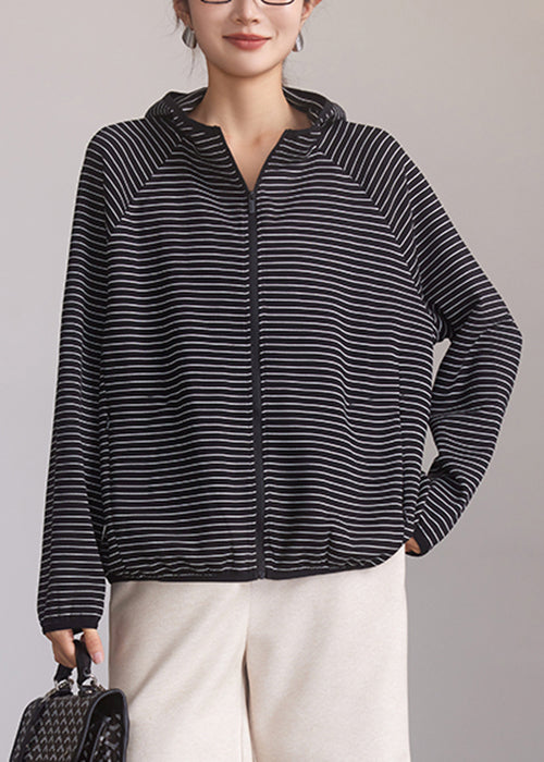 Casual Striped Hooded Zippered Pockets Cotton Coat Spring