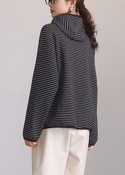 Casual Striped Hooded Zippered Pockets Cotton Coat Spring