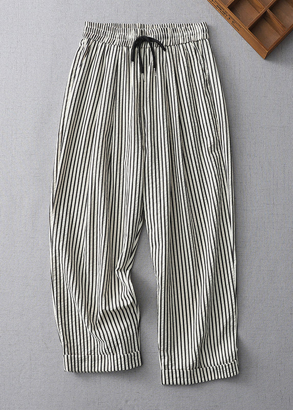 Casual Striped Lace Up Elastic Waist Cotton Crop Pants Summer