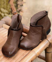 Casual Tassel Splicing Chunky Ankle Boots Brown Cowhide Leather