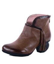 Casual Tassel Splicing Chunky Ankle Boots Brown Cowhide Leather