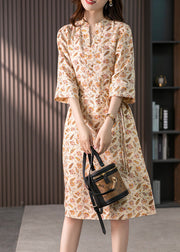 Casual V Neck Print Tie Waist Linen Long Dress Spring